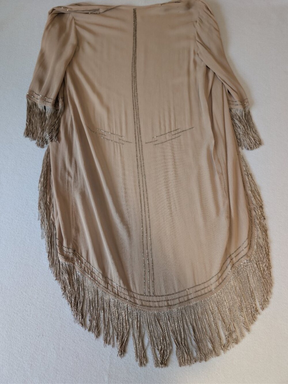 Chan Luu Beaded Maxi Dress Cardigan Set Tan Chiffon Fringe Racerback Slit L - Picture 12 of 16